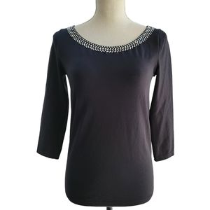 Wolford Black Crystal Embellished Neckline 3/4‎ Sleeve Pullover Nylon Blo…